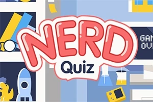 Tekst med NERD Quiz i midten omgivet af nørdede ikoner som en raket, bøger og en håndholdt konsol
