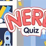 Tekst med NERD Quiz i midten omgivet af nørdede ikoner som en raket, bøger og en håndholdt konsol