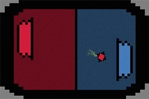 En retro-pixelgrafik viser et todelt rektangel med en rød side, en blå side, og en lille, rød figur med en grøn hale i midten