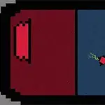 En retro-pixelgrafik viser et todelt rektangel med en rød side, en blå side, og en lille, rød figur med en grøn hale i midten