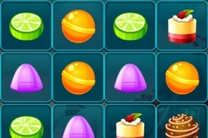 Farverigt gitter med forskellige slik og desserter, herunder lime skiver, orange bolcher, lilla pyramide-slik og kager med topping