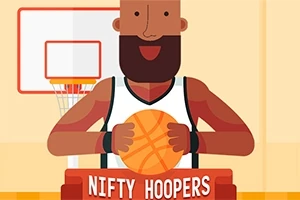 En tegnet basketballspiller med skæg holder en basketball foran en basketballkurv med teksten Nifty Hoopers