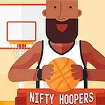 En tegnet basketballspiller med skæg holder en basketball foran en basketballkurv med teksten Nifty Hoopers