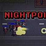 To figurer med våben i en pixelkunst-stil skyder mod hinanden på en vej om natten med teksten NIGHTPOINT