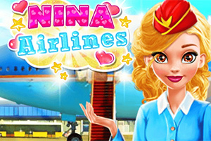 En blond kvinde i uniform står smilende foran et fly med teksten Nina Airlines i baggrunden