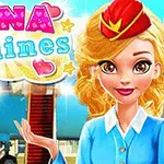 En blond kvinde i uniform står smilende foran et fly med teksten Nina Airlines i baggrunden