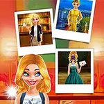 Kvinde med blond hår foran tre polaroid fotos, hver med forskellige outfits og baggrunde