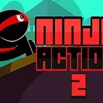 En sort ninja med et rødt pandebånd er ved siden af teksten Ninja Action 2 i et farverigt baggrundsmiljø