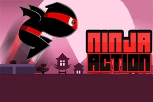 En sort ninja med røde detaljer springer gennem en landsby silhuet mod en lyserød himmel med teksten Ninja Action