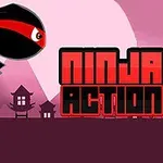 En sort ninja med røde detaljer springer gennem en landsby silhuet mod en lyserød himmel med teksten Ninja Action