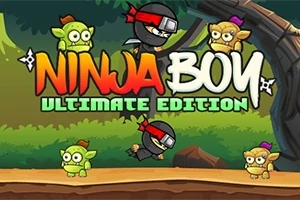 Ninjafigur i sort dragt springer foran farverige goblin-lignende væsner og et skovlandskab med teksten Ninja Boy Ultimate Edition
