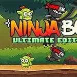 Ninjafigur i sort dragt springer foran farverige goblin-lignende væsner og et skovlandskab med teksten Ninja Boy Ultimate Edition