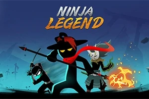Tre tegneserie-ninjaer med forskellige våben poserer, mens de står foran en mørk baggrund med teksten Ninja Legend øverst