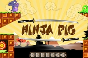 Tegning af en lilla gris på en platform med en grøn blæksprutte på en anden platform, omgivet af en solnedgangsbakke med skyer og træer samt to sværd med teksten Ninja Pig
