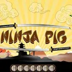 Tegning af en lilla gris på en platform med en grøn blæksprutte på en anden platform, omgivet af en solnedgangsbakke med skyer og træer samt to sværd med teksten Ninja Pig