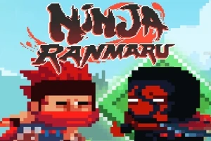 To pixelerede ninjafigurer står overfor hinanden foran en baggrund med bjerge og blå himmel med teksten Ninja Ranmaru ovenfor