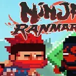 To pixelerede ninjafigurer står overfor hinanden foran en baggrund med bjerge og blå himmel med teksten Ninja Ranmaru ovenfor