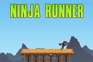 Ninja løber på en træbro foran bjergrig baggrund med teksten NINJA RUNNER øverst