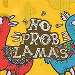 To lamaer i lyse farver, en rød og en blå, med teksten No Prob Llamas på en gul baggrund dekoreret med kaktusser