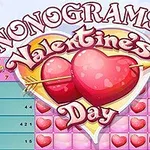 Illustration med to hjerter gennemtrængt af en pil og et gitter fyldt med hjerteikoner, samt teksten Nonograms Valentines Day