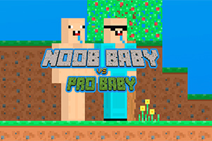 To pixelkarakterer står på en blokbaseret græsplæne med et træ i baggrunden, og teksten Noob Baby vs Pro Baby vises foran dem