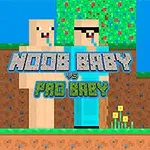 To pixelkarakterer står på en blokbaseret græsplæne med et træ i baggrunden, og teksten Noob Baby vs Pro Baby vises foran dem