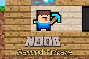 Pixelkunst af en figur med en blå trøje og en diamantøkse, med teksten NOOB Diamond Pickaxe nedenfor