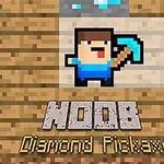 Pixelkunst af en figur med en blå trøje og en diamantøkse, med teksten NOOB Diamond Pickaxe nedenfor
