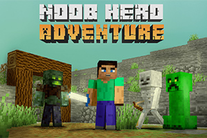 En pixelkunstfigur står foran forskellige monstrøse væsener med indskriften Noob Hero Adventure øverst