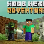 En pixelkunstfigur står foran forskellige monstrøse væsener med indskriften Noob Hero Adventure øverst