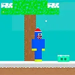 En pixelkunstfigur med en rød hue står ved siden af en grøn slim og en nøgle under et træ med sne på grenene