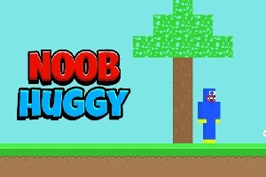 En pixelkunst-figur i blå ved siden af et træ med teksten Noob Huggy i baggrunden