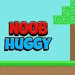 En pixelkunst-figur i blå ved siden af et træ med teksten Noob Huggy i baggrunden