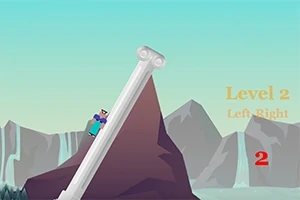En tegneseriefigur klatrer op ad en skrå søjle i et landskab med bjerge i baggrunden, og teksten Level 2 Left Right vises