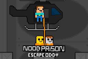 En pixelkunst-illustration af en person, der hænger i et reb fra en helikopter, med to karakterer nedenfor og teksten Noob Prison Escape OG Gy