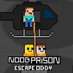 En pixelkunst-illustration af en person, der hænger i et reb fra en helikopter, med to karakterer nedenfor og teksten Noob Prison Escape OG Gy
