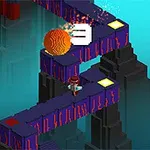 En pixelgrafik af en karakter, der navigerer en snoet sti med lava, hvori en stor orange bold og lyse indikatorer ses