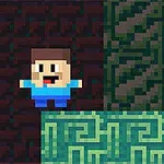 En pixelkunstfigur i blåt tøj står på en grøn, labyrintmønsteret platform med en mørk baggrund