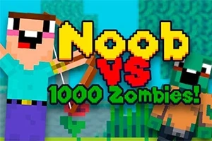 Tegneseriestil karakter med bue og pil står overfor en zombie med teksten Noob vs 1000 Zombies!