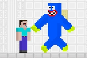 En pixelkunstfigur i blåt møder en anden figur i en lys kulisse