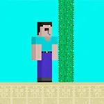 En pixeleret figur med blå trøje og lilla bukser står ved siden af en høj kaktus mod en lyseblå baggrund