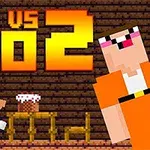To figurer i pixelgrafik ved et bord med en kage, og teksten Noob vs Pro 2 i baggrunden