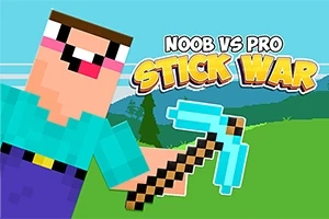 En tegneseriefigur i blokstil holder en lyseblå hakke foran grønne marker med teksten Noob vs Pro Stick War ovenfor