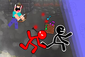 En animeret figur med et bue og pil flyver over to stickman-karakterer i kamp, omgivet af musiknoter og stenskulturer