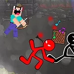 En animeret figur med et bue og pil flyver over to stickman-karakterer i kamp, omgivet af musiknoter og stenskulturer