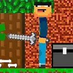 En pixelkunstscene med en firkantet karakter, der står over for en grøn zombie med et sværd foran et træ, ved siden af et skrin og knogler
