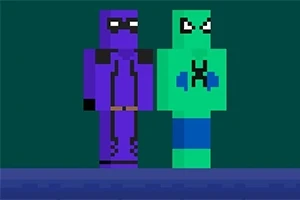 To pixelfigurer i lilla og grøn dragt står ved siden af hinanden på en ensfarvet baggrund