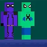 To pixelfigurer i lilla og grøn dragt står ved siden af hinanden på en ensfarvet baggrund