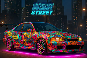 Bil dekoreret med farverigt graffiti-design står på en oplyst gade med byens skyline i baggrunden