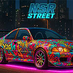 Bil dekoreret med farverigt graffiti-design står på en oplyst gade med byens skyline i baggrunden